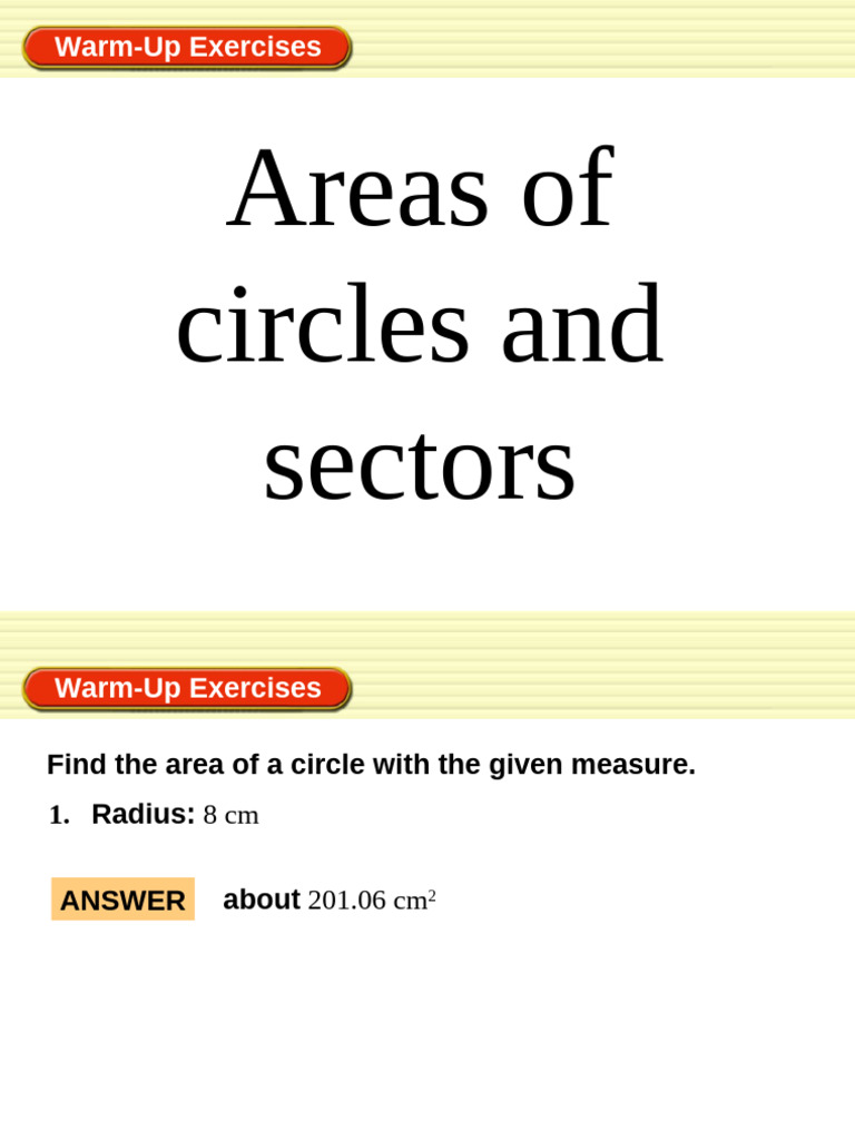 Area Calculations for Circles and Sectors | PDF | Area | Circle