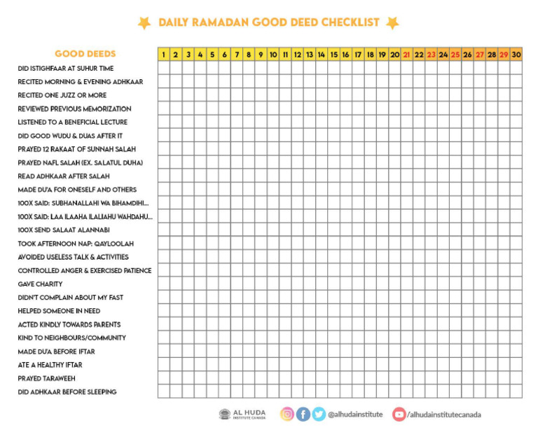 Good Deed Checklist Al Huda Institute | PDF