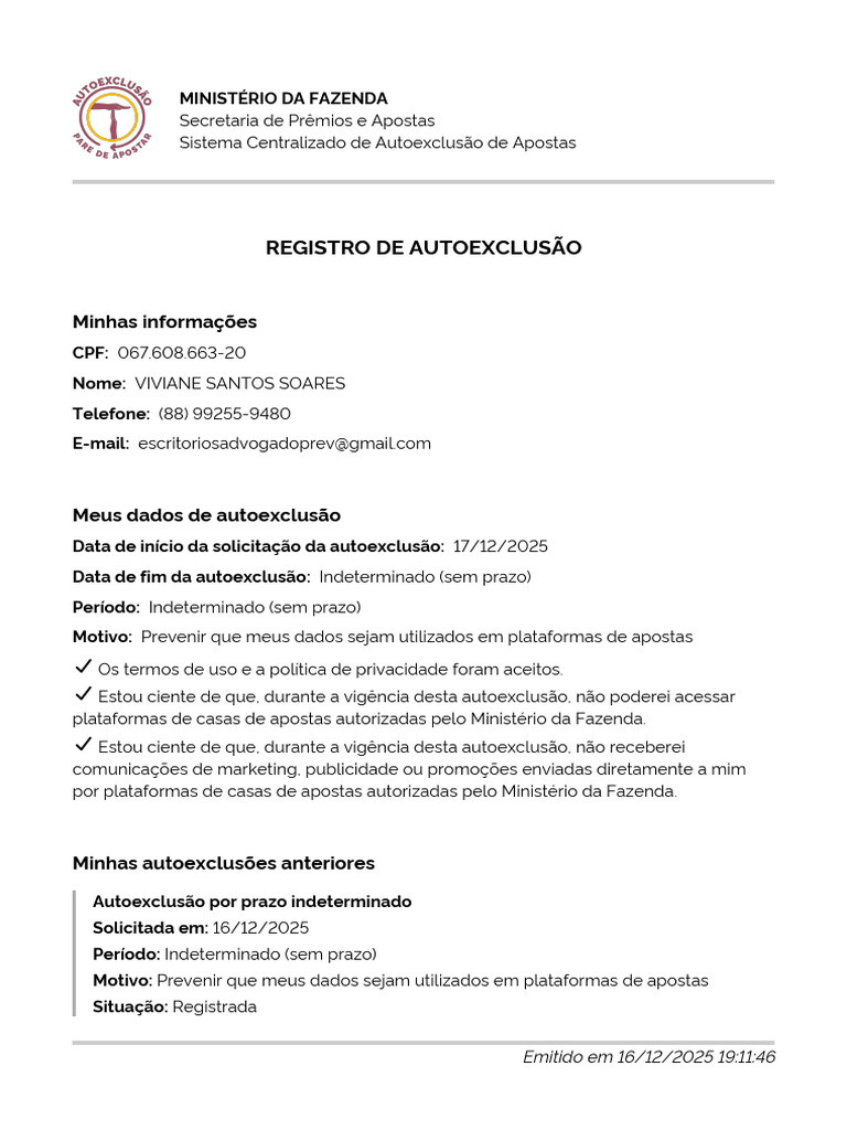 Registro de Autoexclusão de Apostas | PDF
