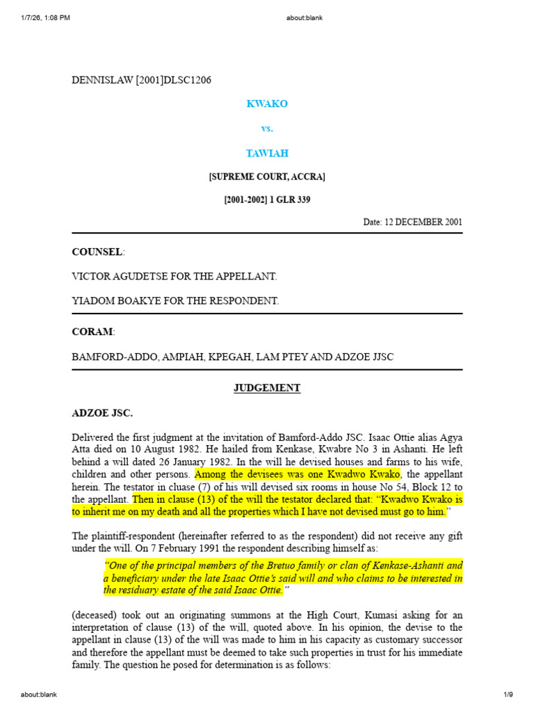 Kwako v Tawiah | PDF | Will And Testament | Intestacy