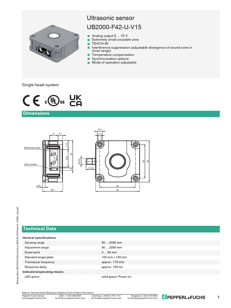 Ultrasonic Sensor UB2000-F42 Specifications | PDF | Sensor | Light ...