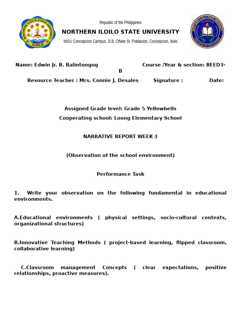 Week 1 & 2 Narrative Report on Grade 5 | PDF | Differentiated ...