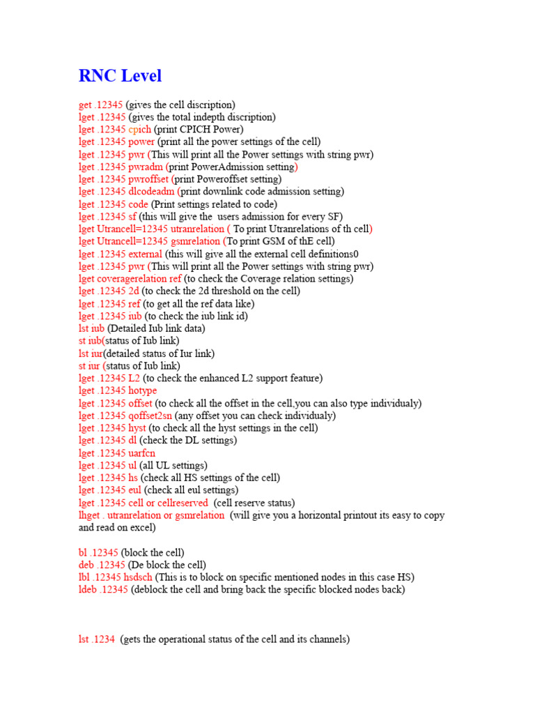 RNC Level Command Guide for Cell ID 12345 | PDF | Telecommunications ...