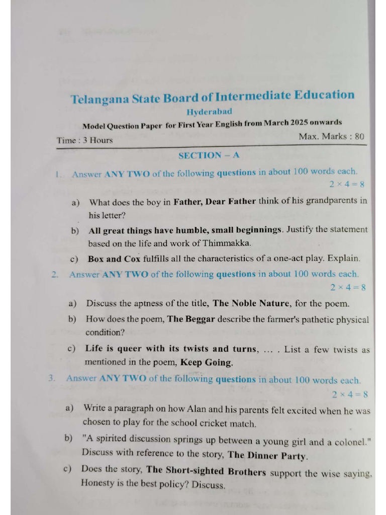 Intermediate English 1st Year Model Paper 2024-25 | PDF
