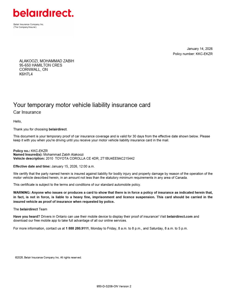 Temporary Car Insurance Proof Card | PDF