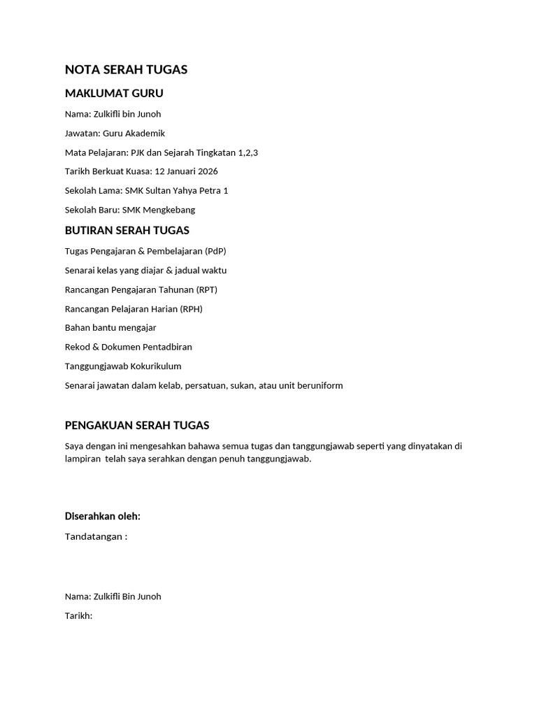 Nota Serah Tugas (1) | PDF
