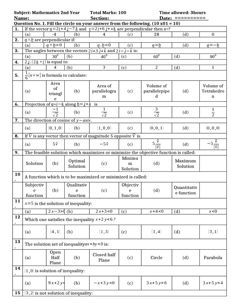 Mathematics 2nd Year Exam Questions | PDF | Area | Euclidean Vector
