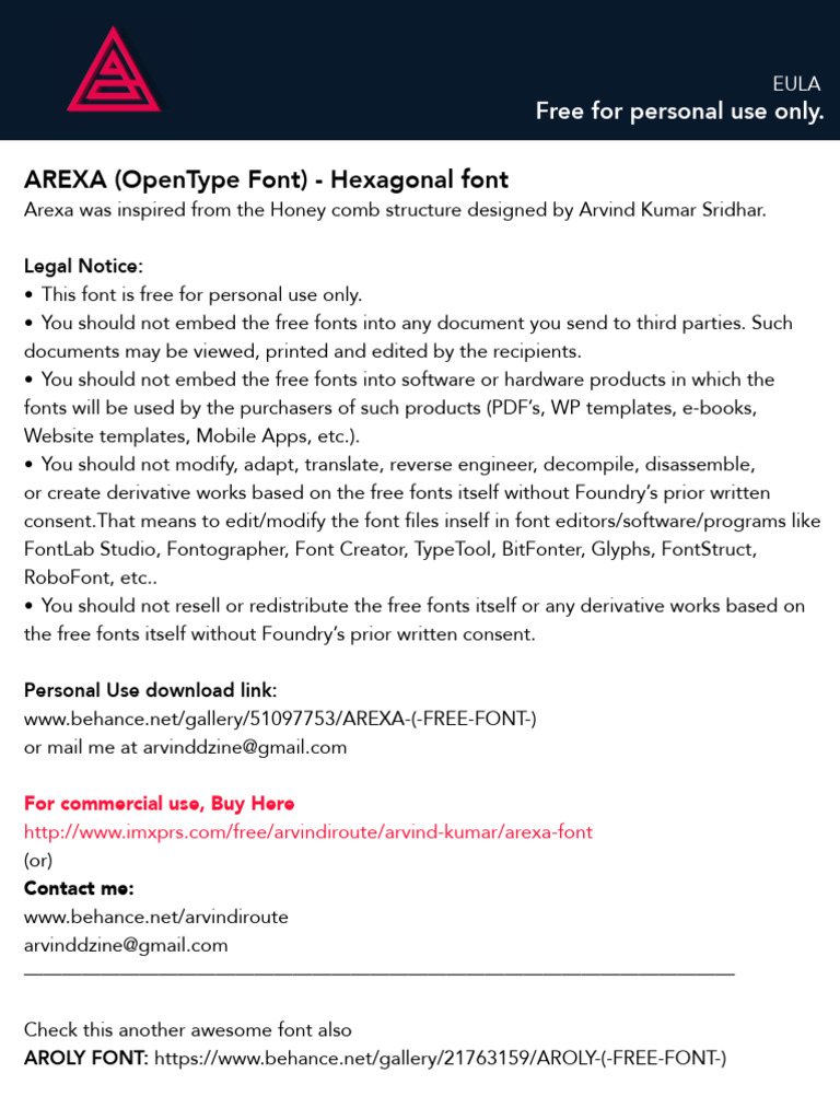 Arexa Hexagonal Font EULA | PDF