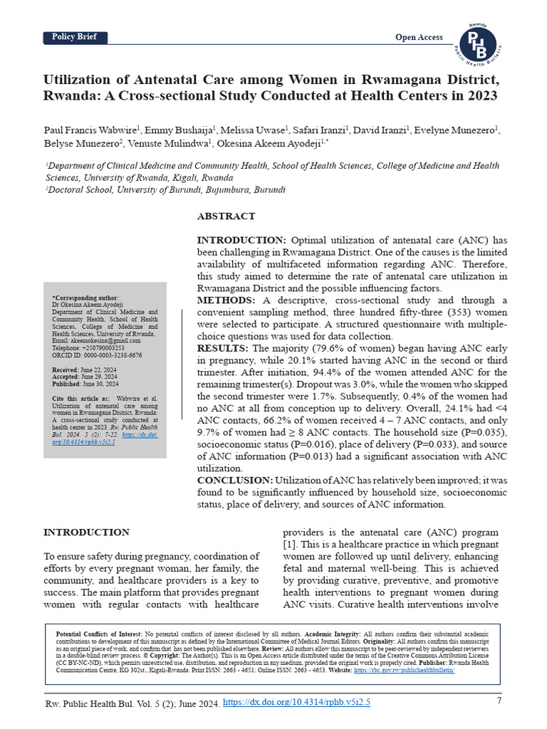 Antenatal Care Utilization in Rwanda | PDF | Pregnancy | Health Sciences
