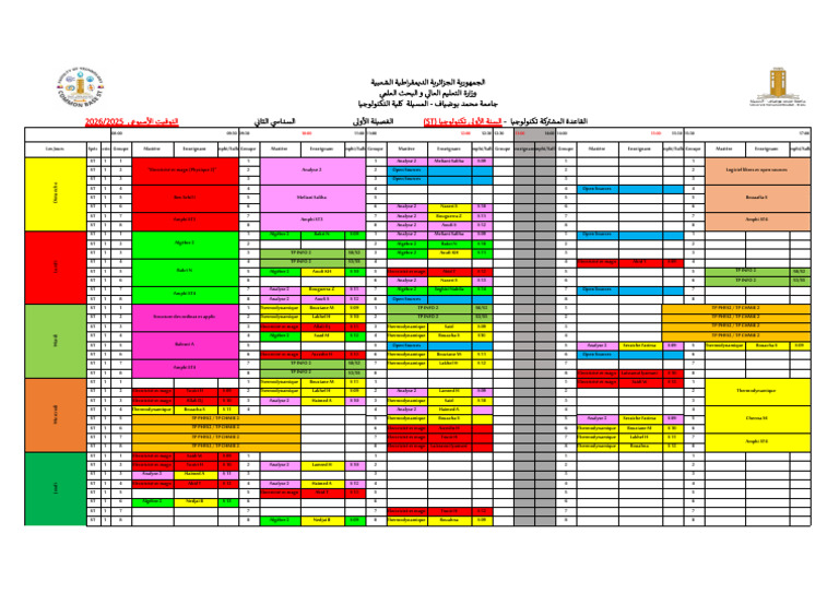 Emploi du temps des cours ST 2025/2026 | PDF