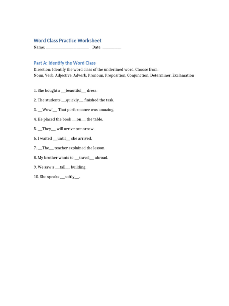 Word Class Practice Worksheet Revised | PDF