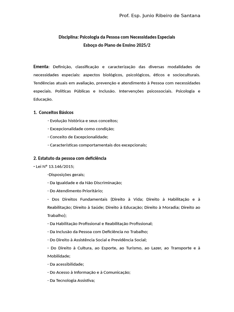 Esboço Do Plano de Ensino | PDF | Psicologia | Educação Especial
