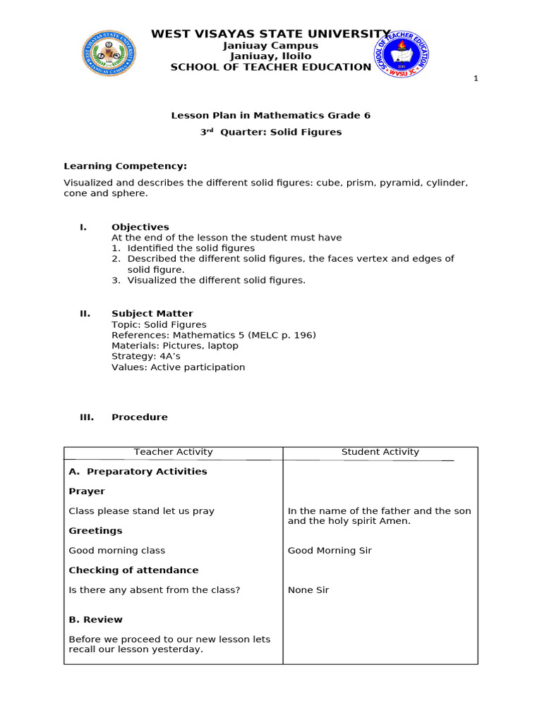 Lesson Plan in Mathematics Grade 5 | PDF | Shape | Elementary Geometry