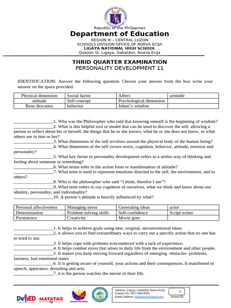 Perdev Summative Test 3rd Quarter | PDF | Self Concept | Attitude ...