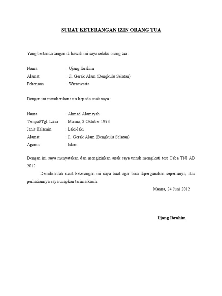 Contoh Surat Izin Orang Tua