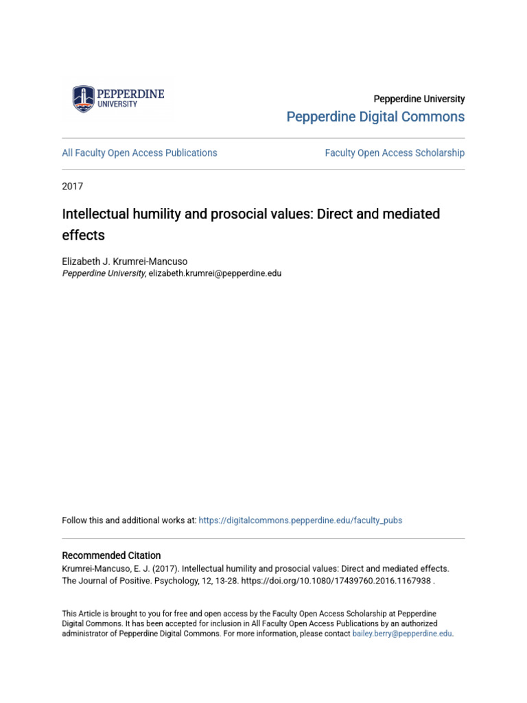 Intellectual Humility and Prosocial Values - Direct and Mediated e ...