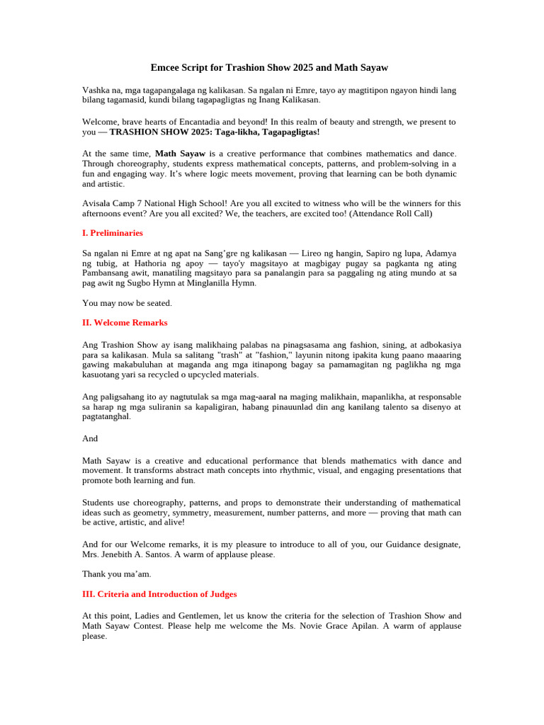 Emcee Script For Trashion Show 2025 and Math Sayaw | PDF