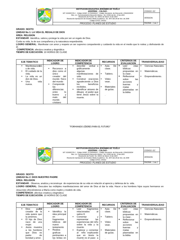 EDUCACIÓN RELIGIOSA IEJT 2019 | PDF | Plan de estudios | Educación primaria