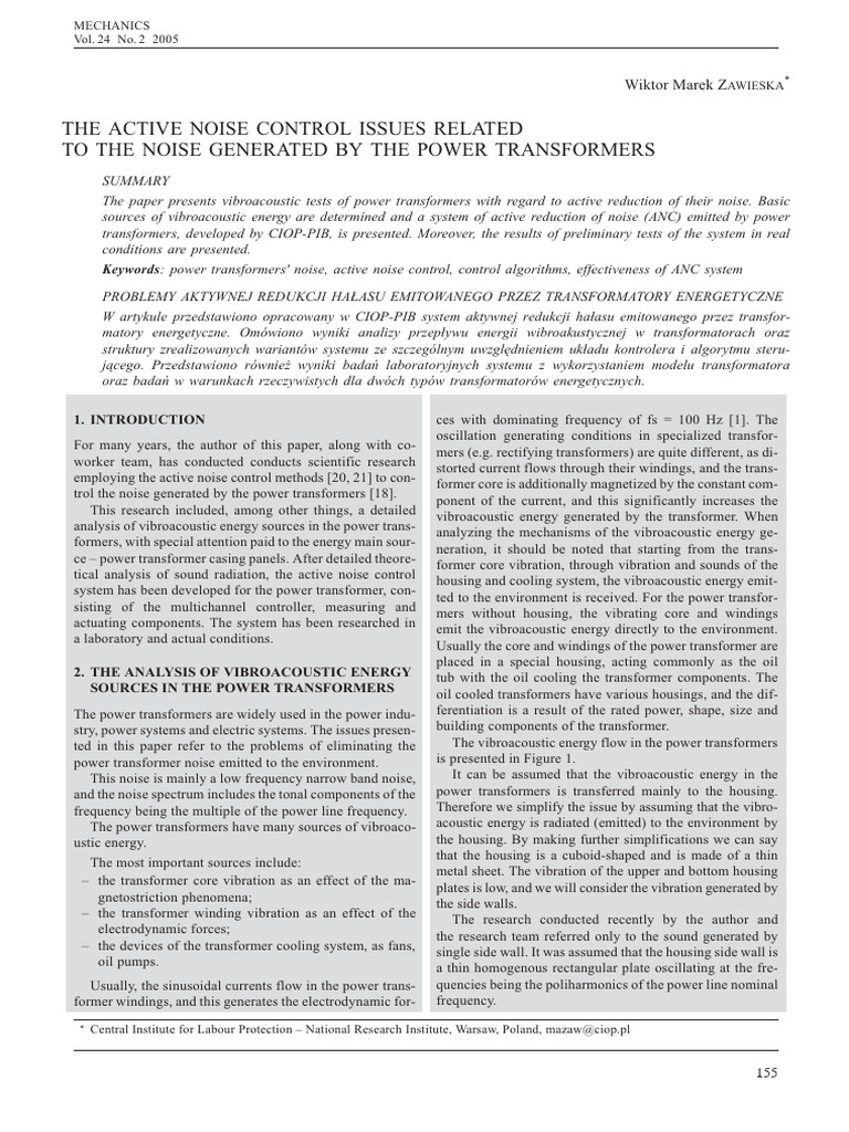 The Active Noise Control Issues Related To The Noise Generated by The ...