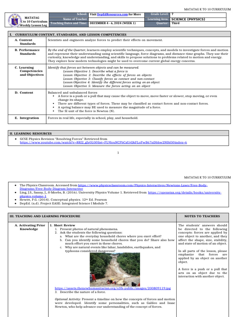 DLL Matatag - Science 7 Q3 W1 | PDF | Force | Curriculum
