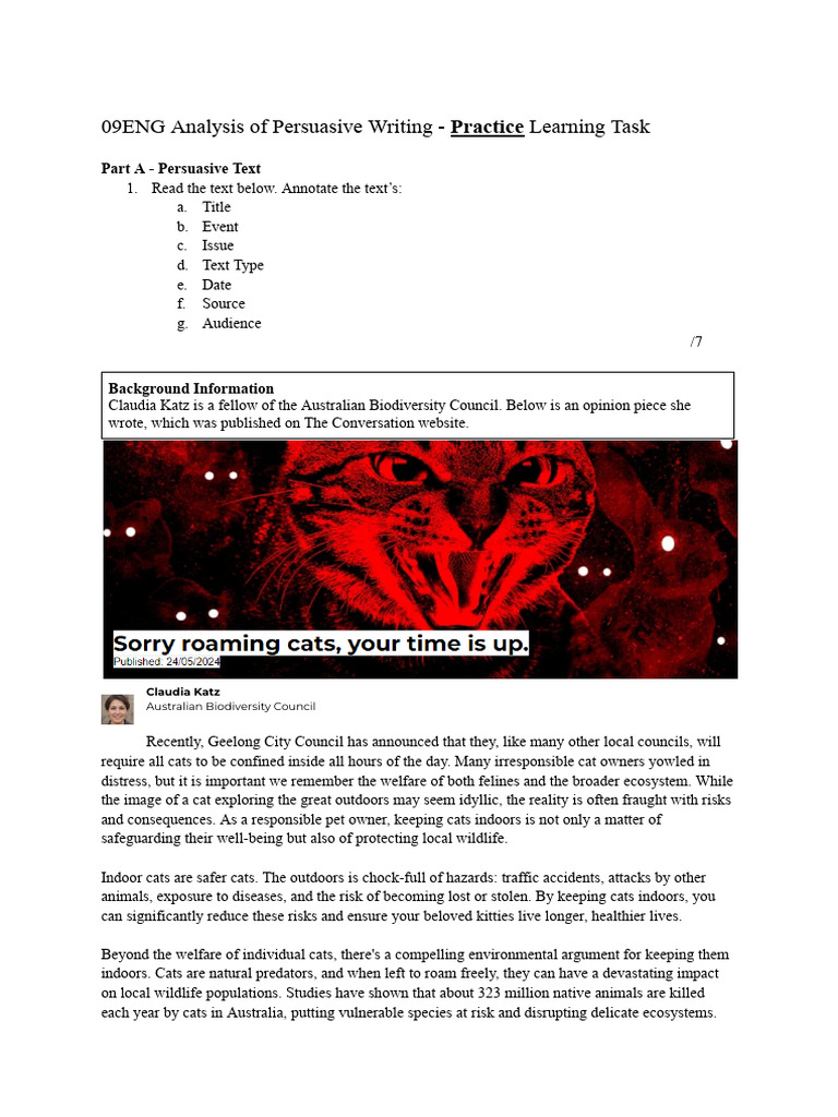 Copy of LT Practice Text 'Roaming Cats' (Article and Questions) | PDF ...