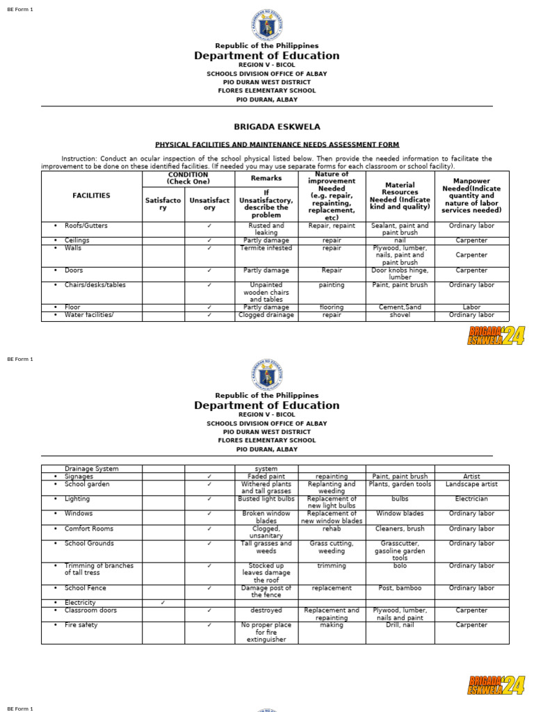Be Form 1 Physical Facilities and Maintenance Needs Assessment Form ...