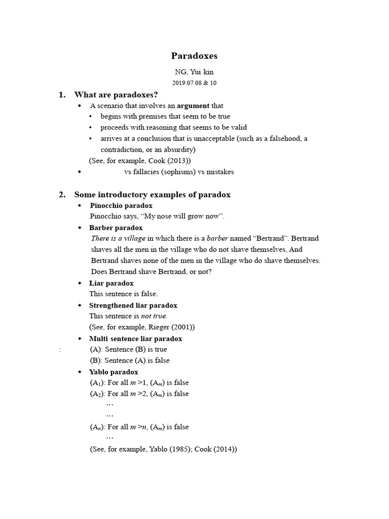 SS Handout Paradoxes Handout 2019 | PDF | Paradox | Logic