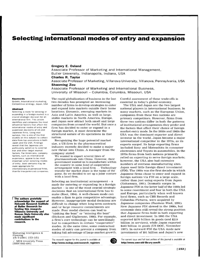 Selecting International Modes of Entry and Expansi | PDF