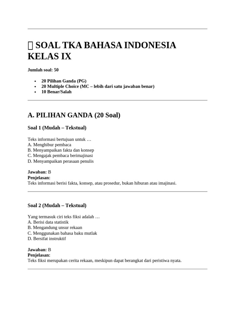 ? Soal Tka Bahasa Indonesia Kelas Ix | PDF