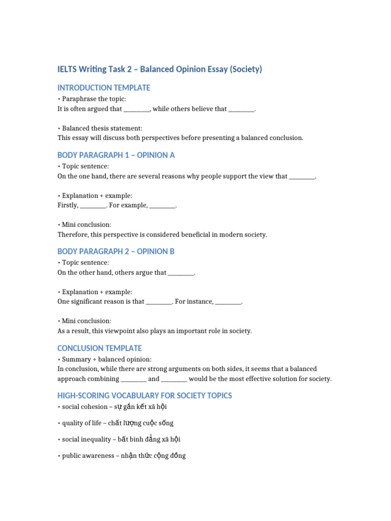 Ielts Balanced Opinion Society Full Template | PDF