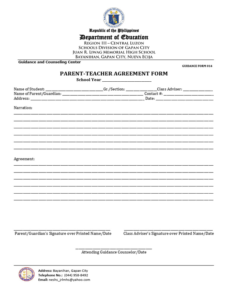Parent Teacher Agreement Form | PDF | Behavior Modification | Counseling