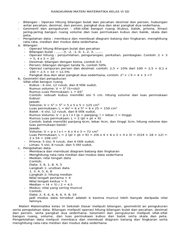Rangkuman Materi Matematika Kelas Vi SD Pak Jon | PDF