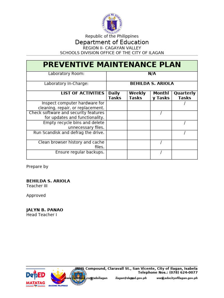Preventive Maintenance Plan | PDF
