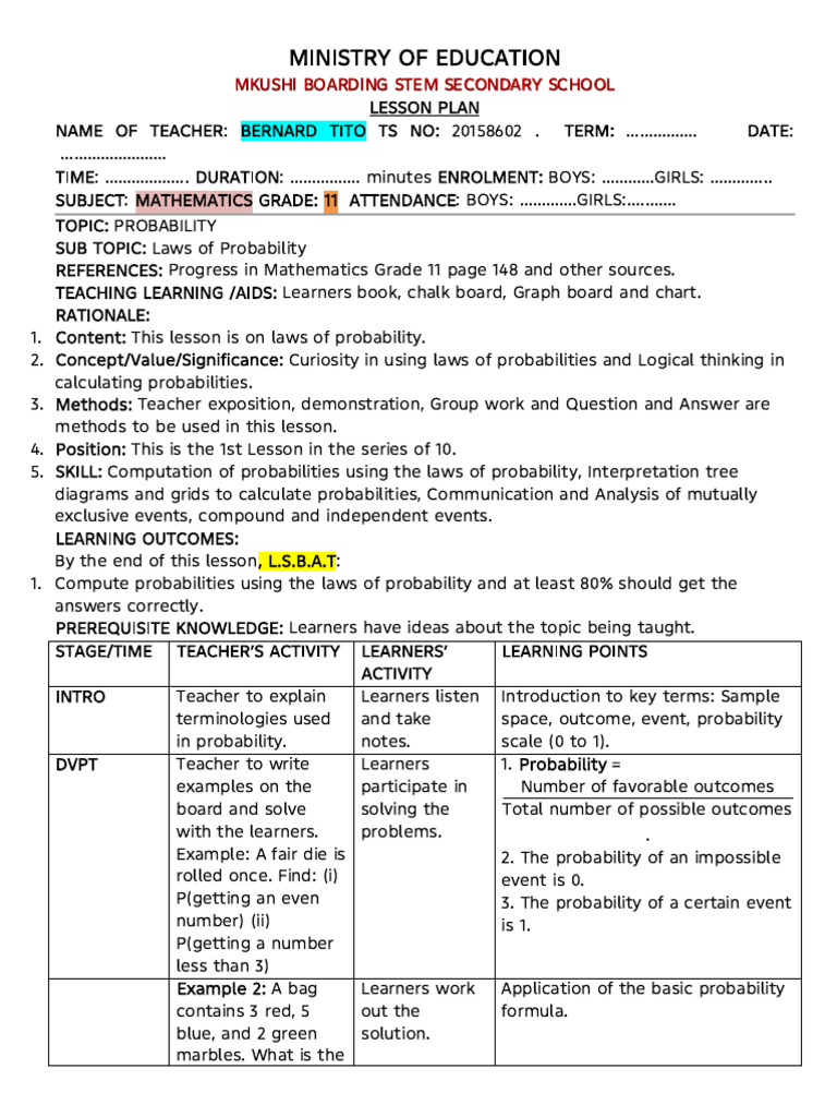 Grade 11 Probability Lesson Plans | PDF | Probability | Learning