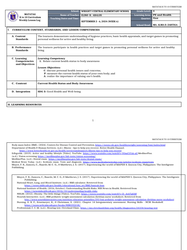 DLL Matatag - Pe & Health 4 q1 Week 3 - 6 | PDF | Body Mass Index