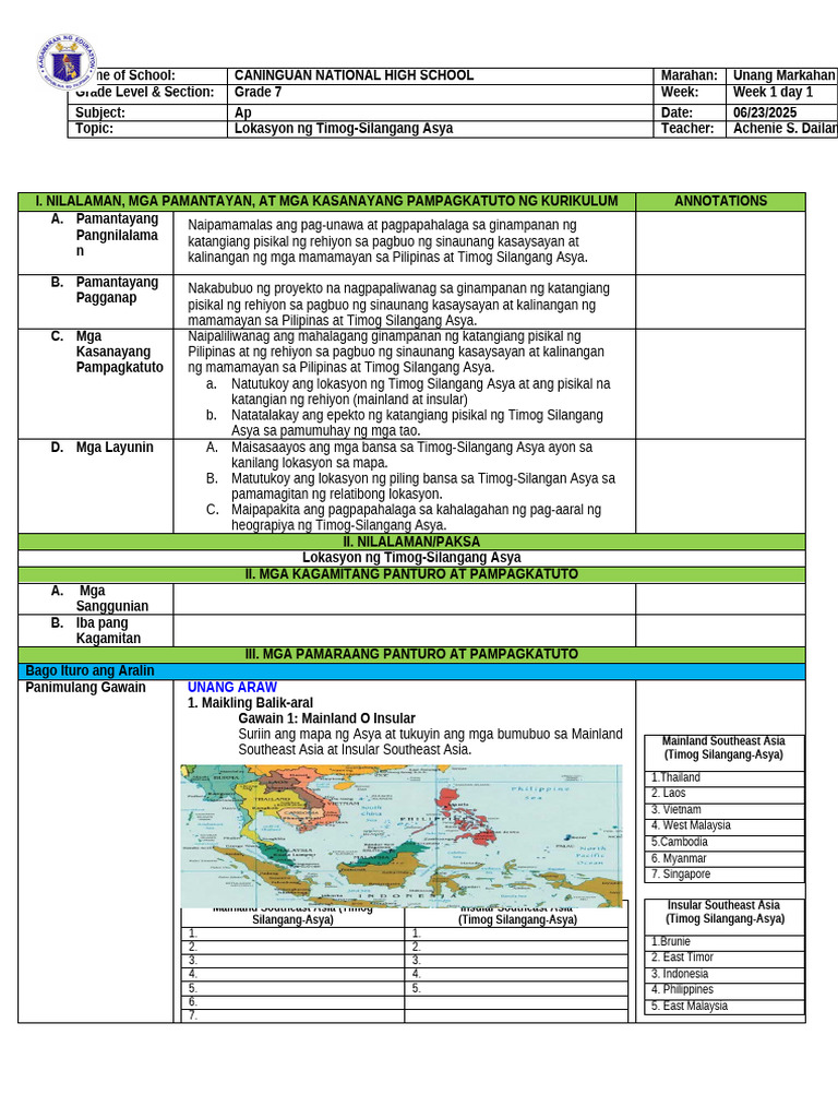 AP7 Q1 Wk1 Day1 | PDF
