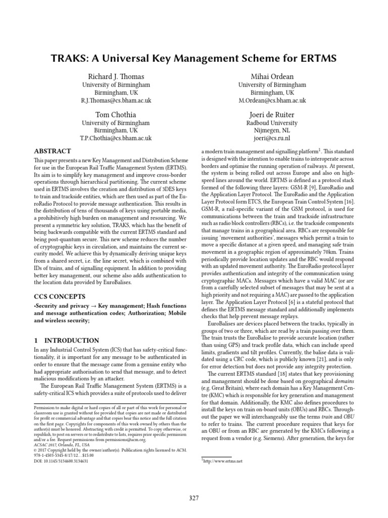 A Universal Key Management Scheme For ERTMS | PDF | Key (Cryptography ...