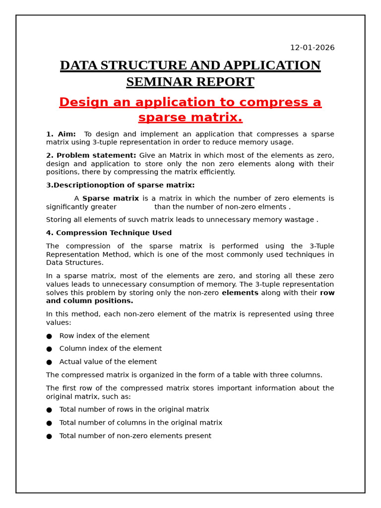 Data Structure and Application Seminar Report | PDF | Matrix ...