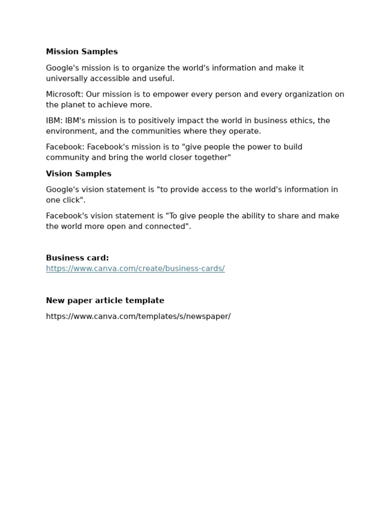 Mission and Vision Samples | PDF