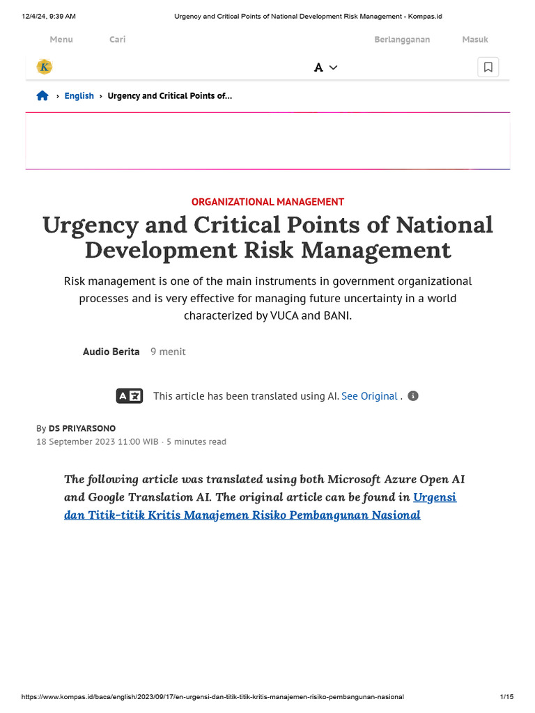 Urgency and Critical Points of National Development Risk Management ...