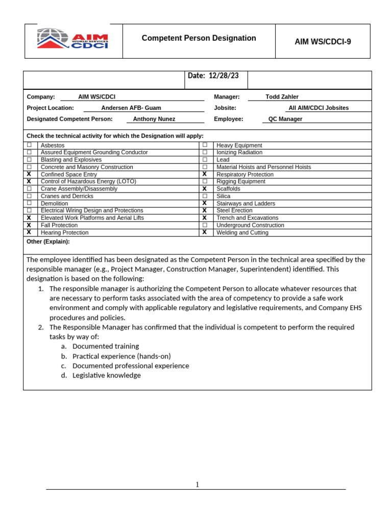 Competent Person Checklist Template | PDF
