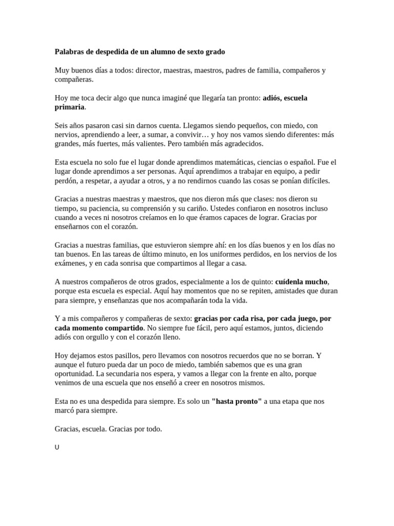Palabras de Despedida de Un Alumno de Sexto Grado | PDF