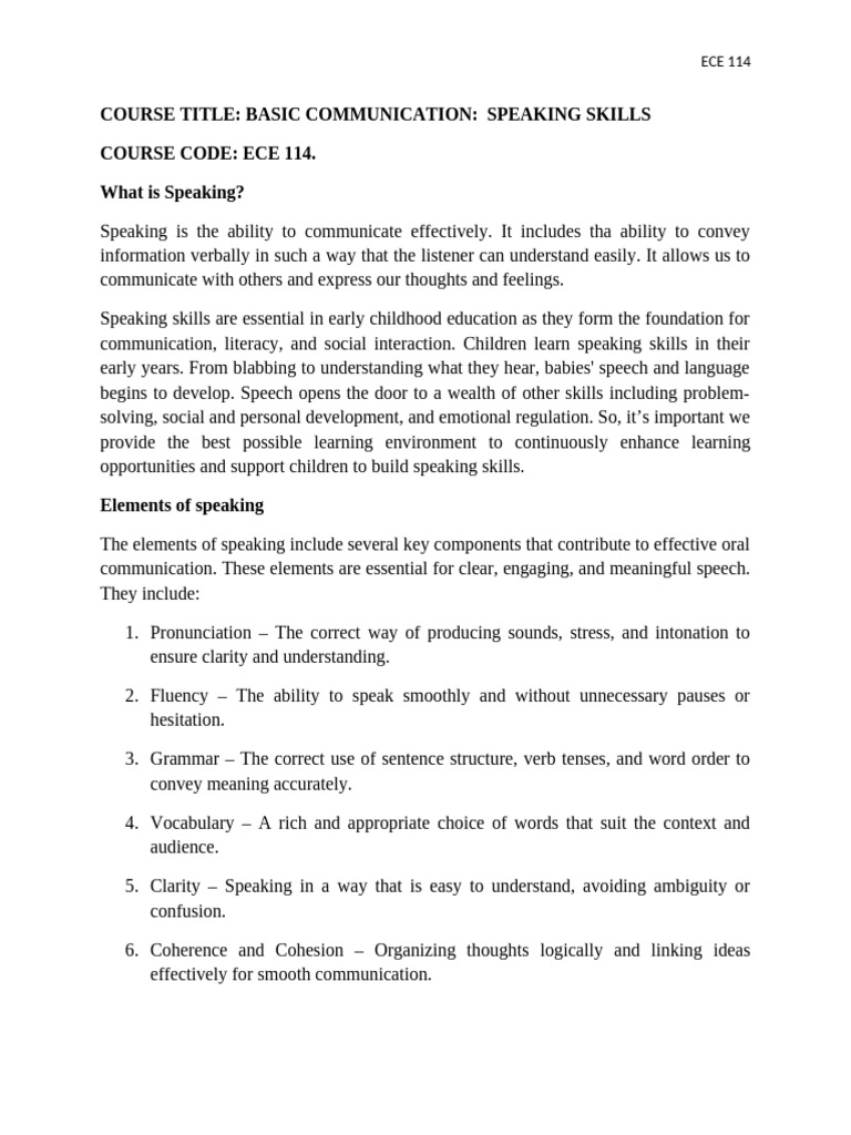 Ece 114 Bc. Speaking Skills (2025) | PDF | Language Development ...