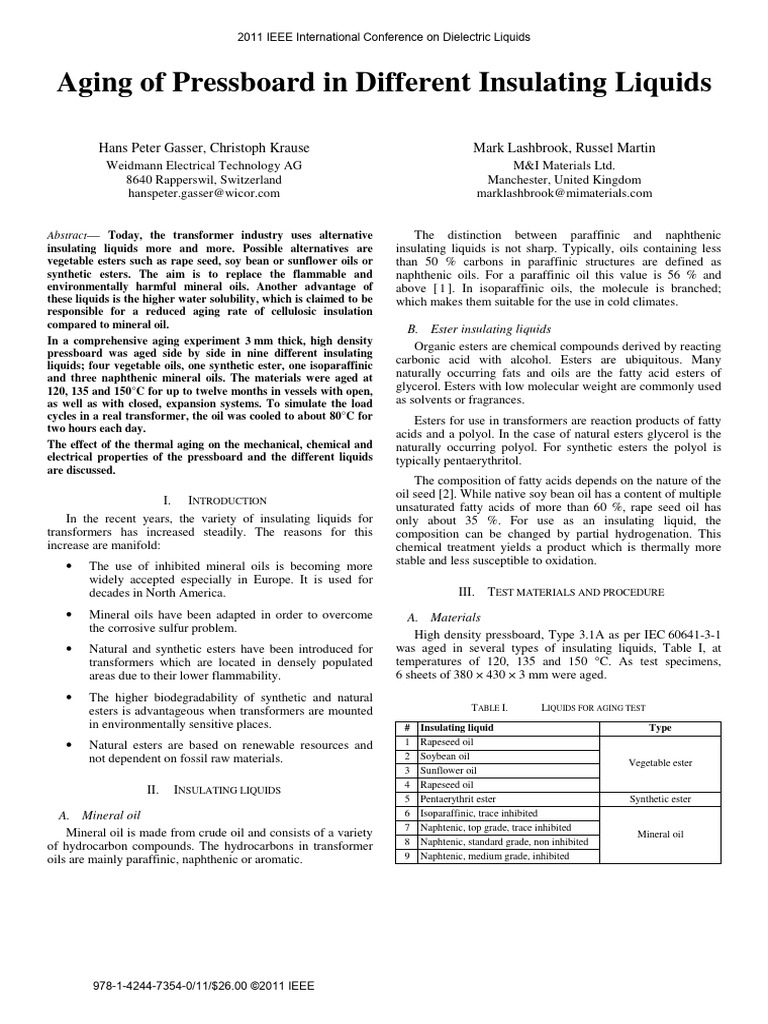 Aging of Pressboard in Different Insulating Liquids | PDF | Oil | Ester