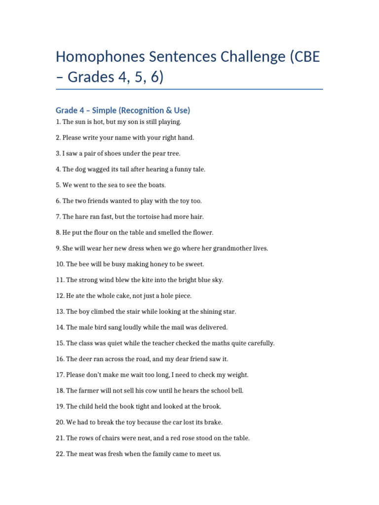 Homophones Sentences Challenge | PDF