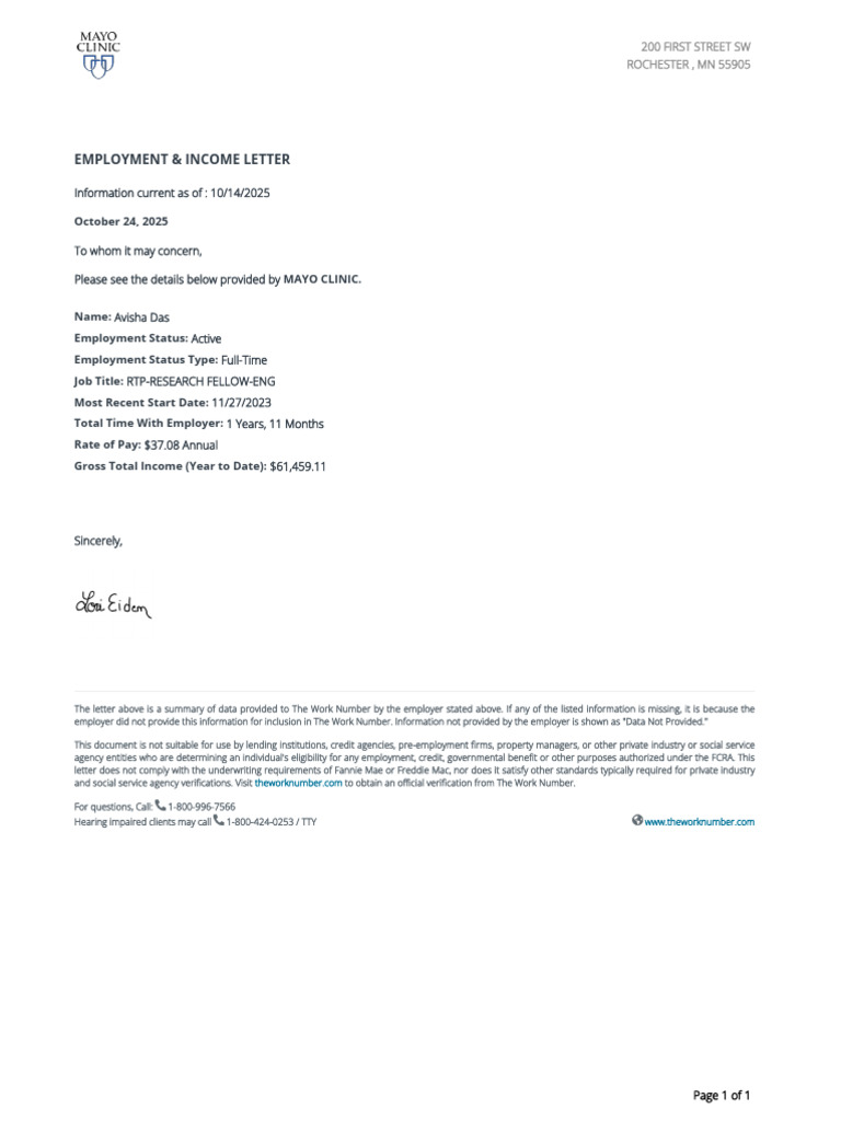 Employment & Income Letter: Information Current As Of: 10/14/2025 | PDF