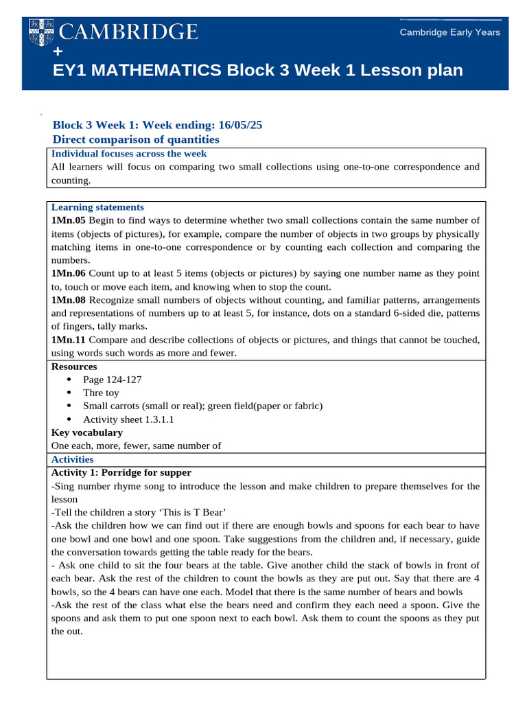 KINDER MATHS Lesson Plan Week 1 Term 2 | PDF | Numbers | Cognitive Science