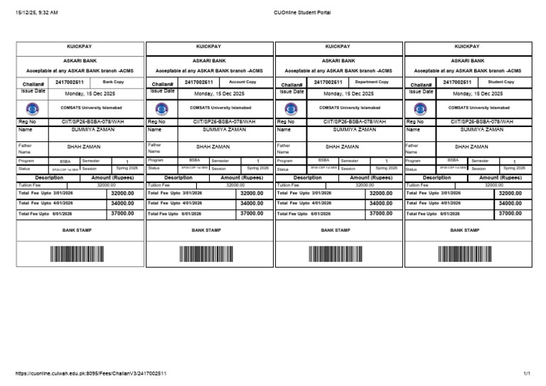 FEE Challan Form Cui PDF | PDF