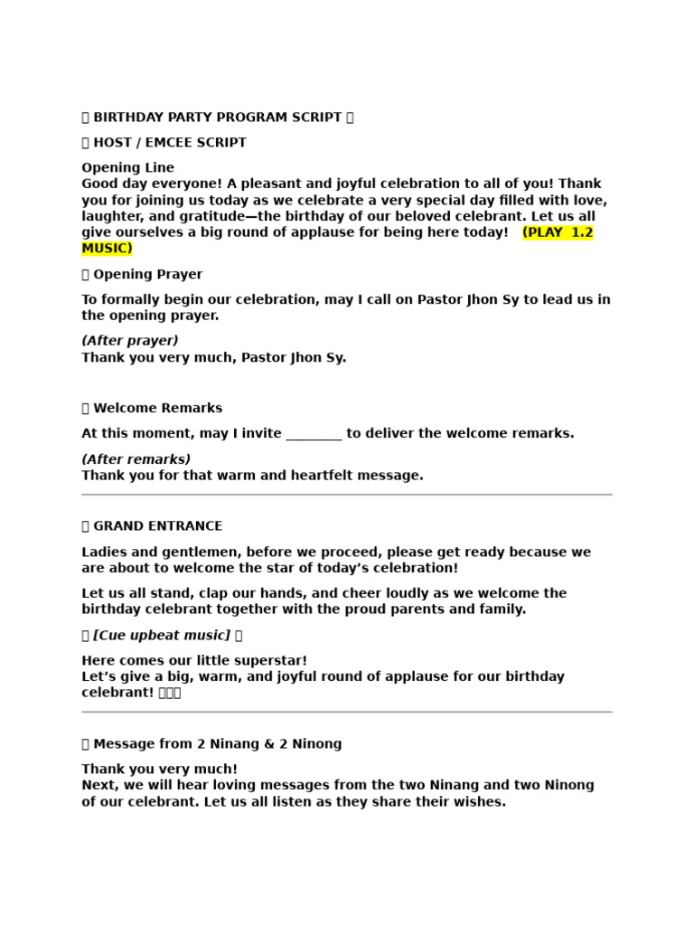 ? Birthday Party Program Script MC Kenan | PDF