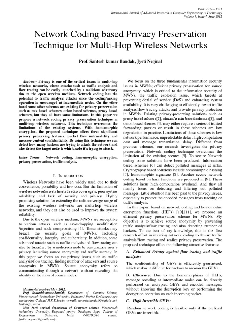 Network Coding Based Privacy Preservation Technique For Multi-Hop ...